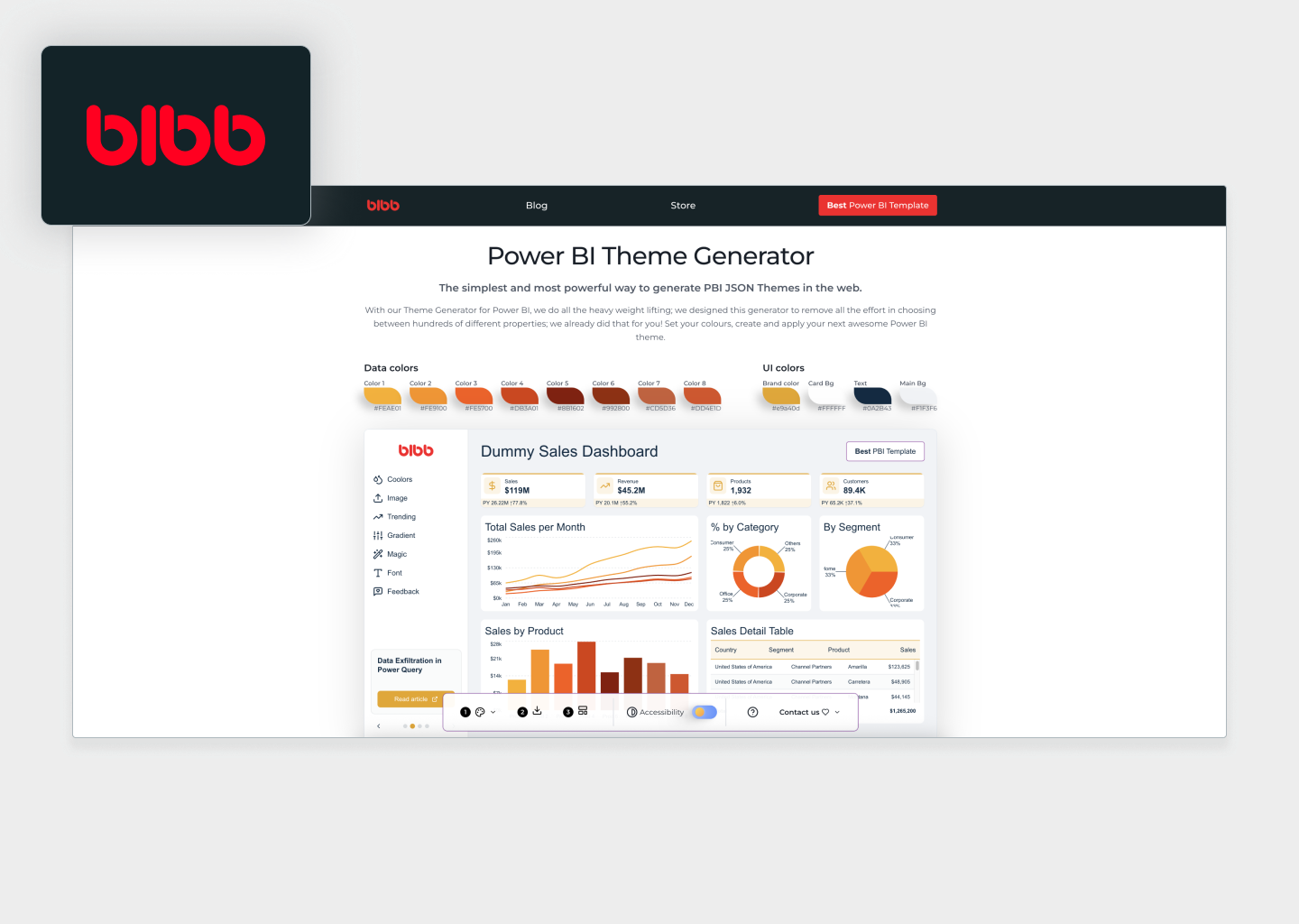 BIBB Theme Generator interface showing color palette selection and theme preview