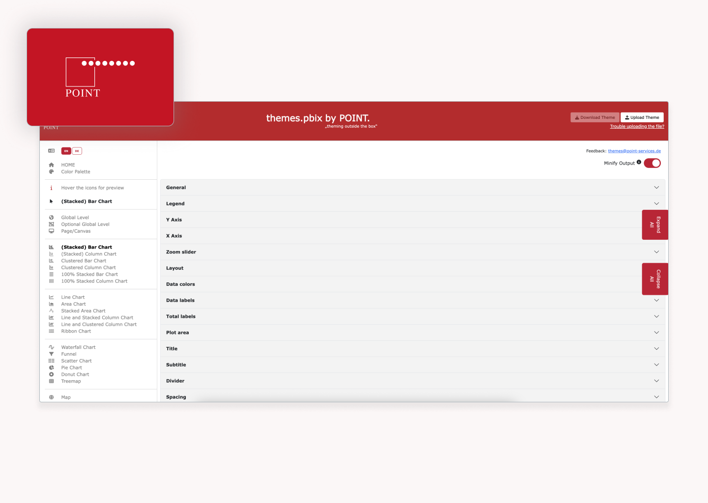 POINT Themes.pbix interface showing detailed property customization options