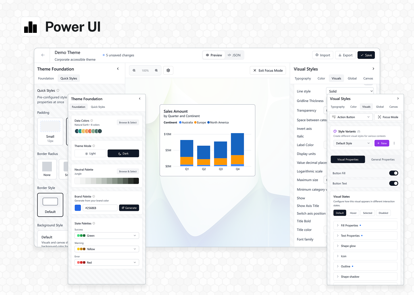 Power UI Theme Studio interface showing real-time preview and comprehensive customization options