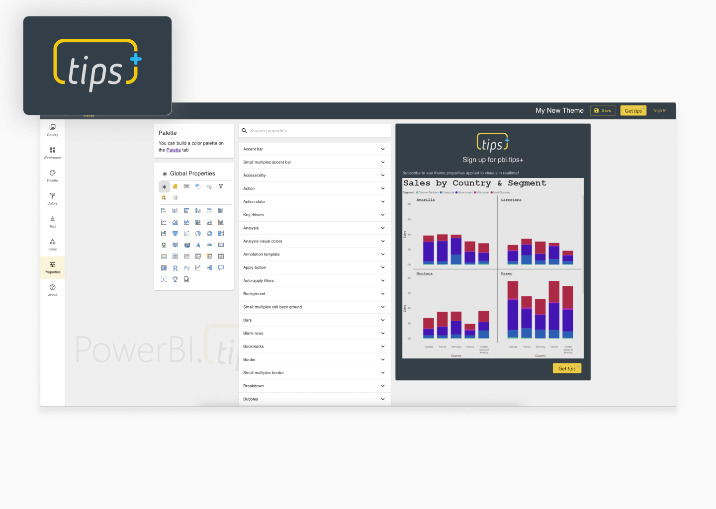PowerBI.Tips theme generator showing palette selection and property customization